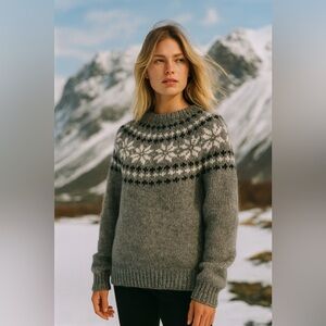 Handknit Fair Isle Wool Icelandic Lopapeysa Sweater Snowflake Nordic Pullover